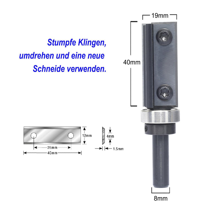 Sinoprotools Wendeplatten Bündigfräser,8mm Schaft Schnittlänge 40mm,Bündiger Fräser mit 4-seitigen A
