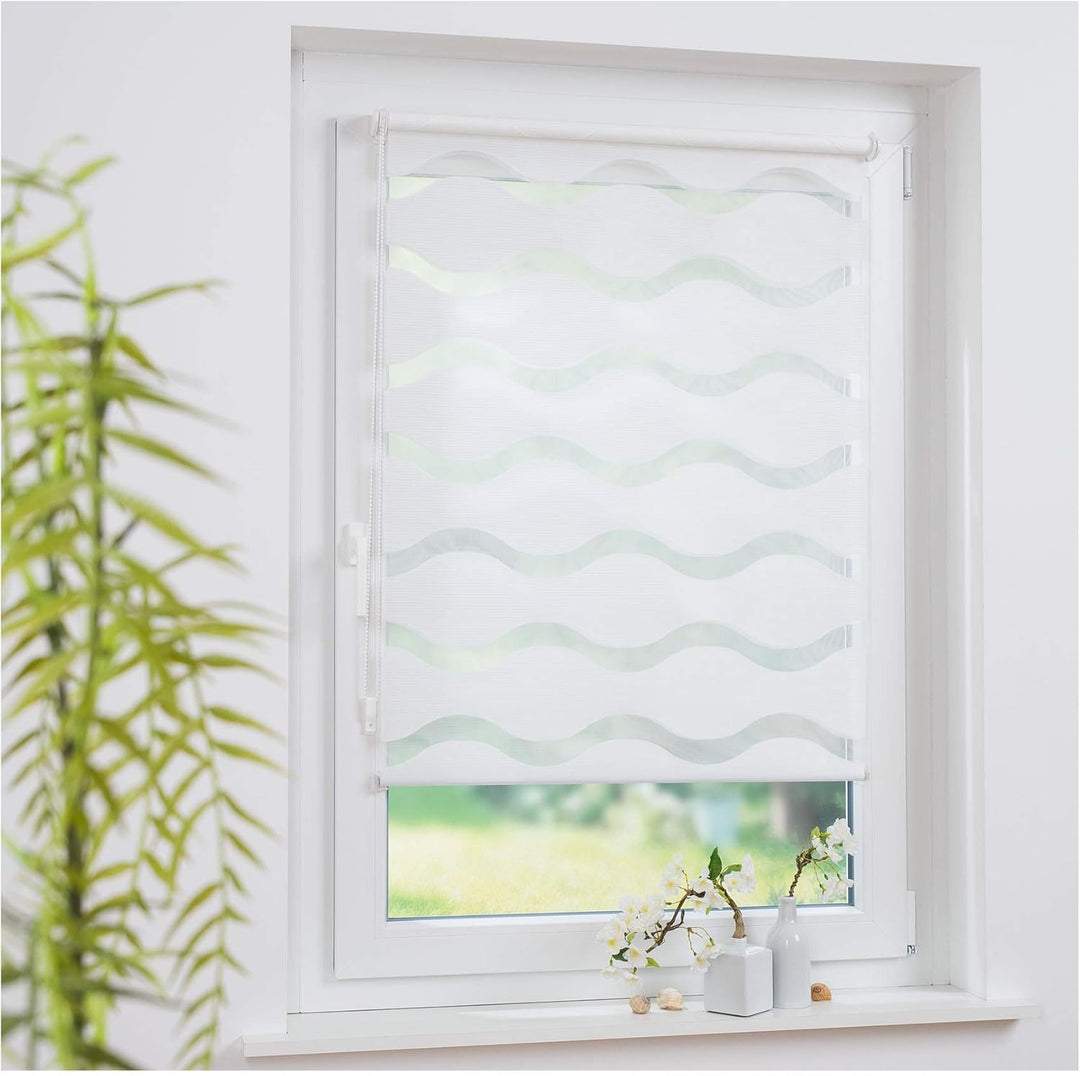 Klemmfix Doppelrollo Weiss Wave - Breite 40 bis 120 cm, Länge 150 cm BZW. 210 cm - Duo - Rollo ohne