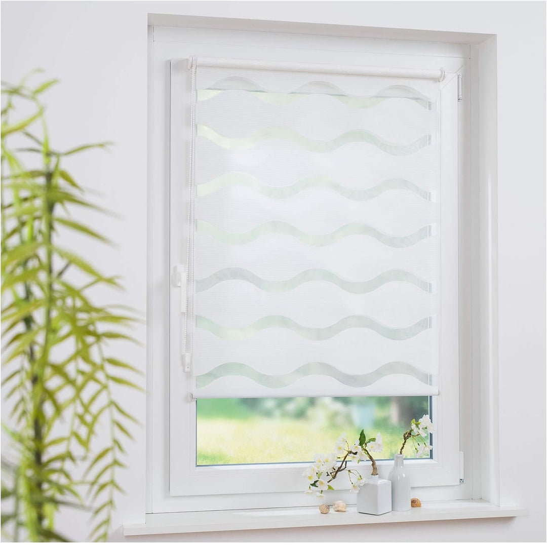 Klemmfix Doppelrollo Weiss Wave - Breite 40 bis 120 cm, Länge 150 cm BZW. 210 cm - Duo - Rollo ohne