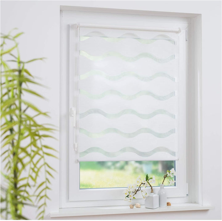 Klemmfix Doppelrollo Weiss Wave - Breite 40 bis 120 cm, Länge 150 cm BZW. 210 cm - Duo - Rollo ohne