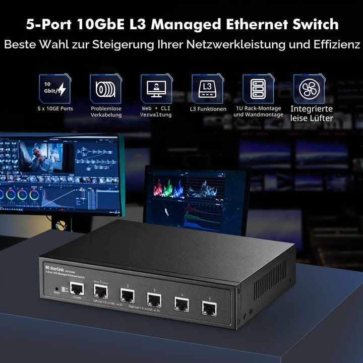 MokerLink 5-Port-10G-Managed-Ethernet-Switch, 10G/5G/2,5G/1G autoadaptiv, L3 Web/CLI-verwaltet, Meta