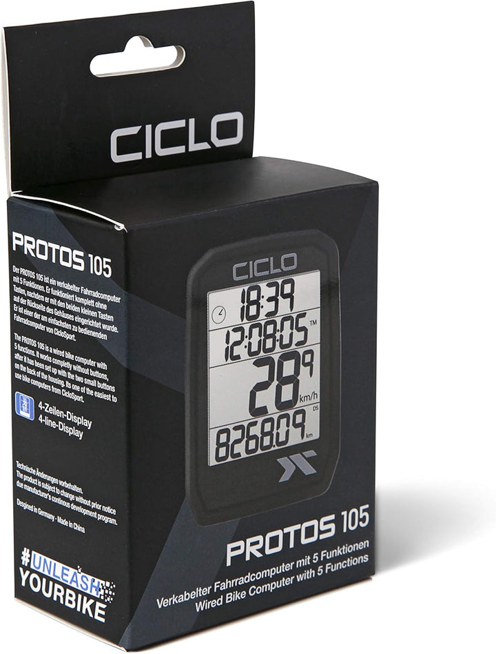 CICLO PROTOS 105 verkabelter Fahrradcomputer, mit 5 automatischen Funktionen Schwarz, Schwarz