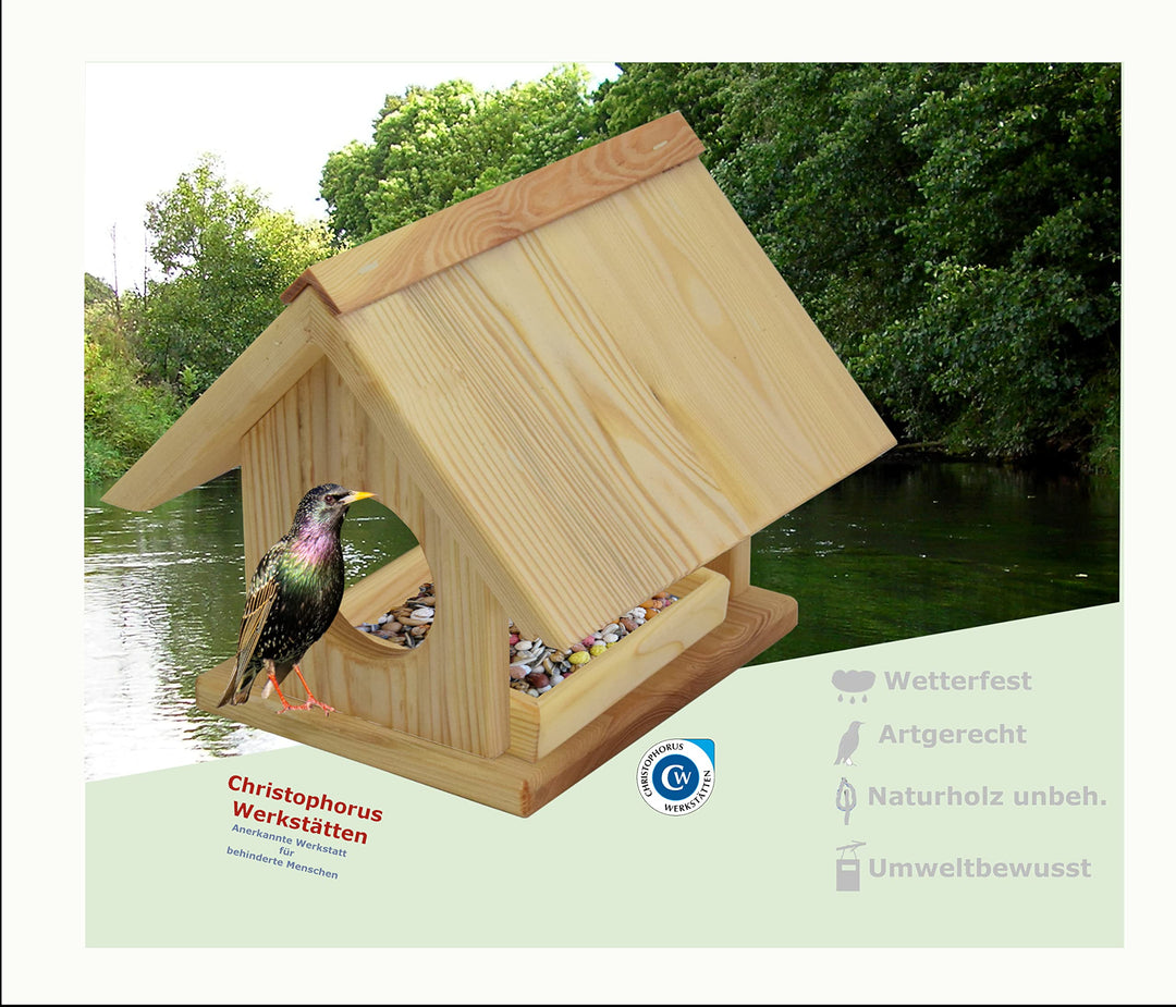 Handgefertiges Kiefernholz-Futterhaus mit ausziehbarem Futterkasten | Wetterfest | Garten, Balkon od