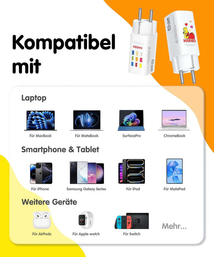 HARIBO USB C Ladegerät 65W 3-Port USB-C Netzteil Schnellladegerät PD PPS kompatibel mit MacBook, für