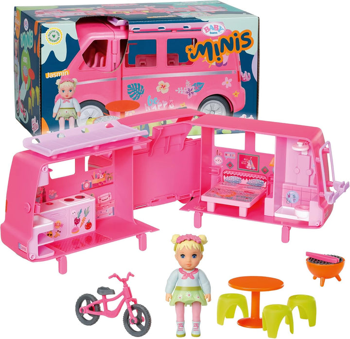 BABY Born, Puppenfahrzeug, aufklappbarer Wohnwagen &amp; Minis Badewannen-Spielset mit Minis-Puppe Amy u
