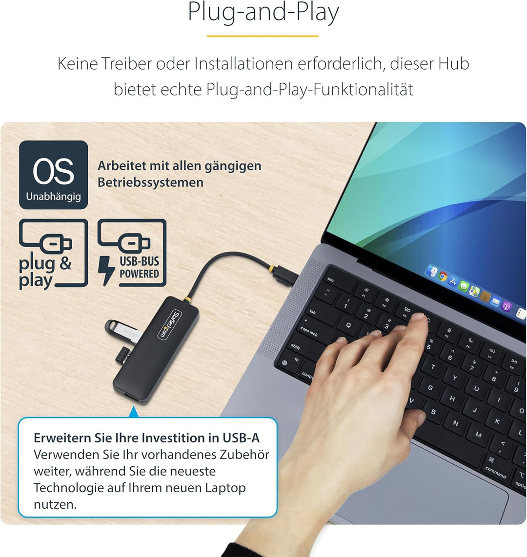 StarTech 4-Port USB-C Hub, USB-C zu 4X USB-A, Busbetrieben, Mini Hub, Multi-Port USB 3.0 Splitter, D