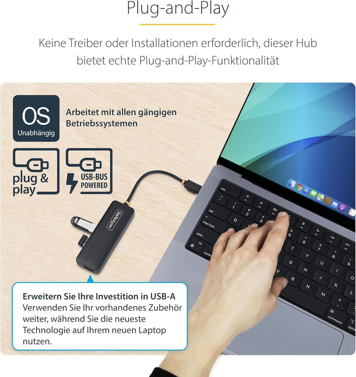 StarTech 4-Port USB-C Hub, USB-C zu 4X USB-A, Busbetrieben, Mini Hub, Multi-Port USB 3.0 Splitter, D