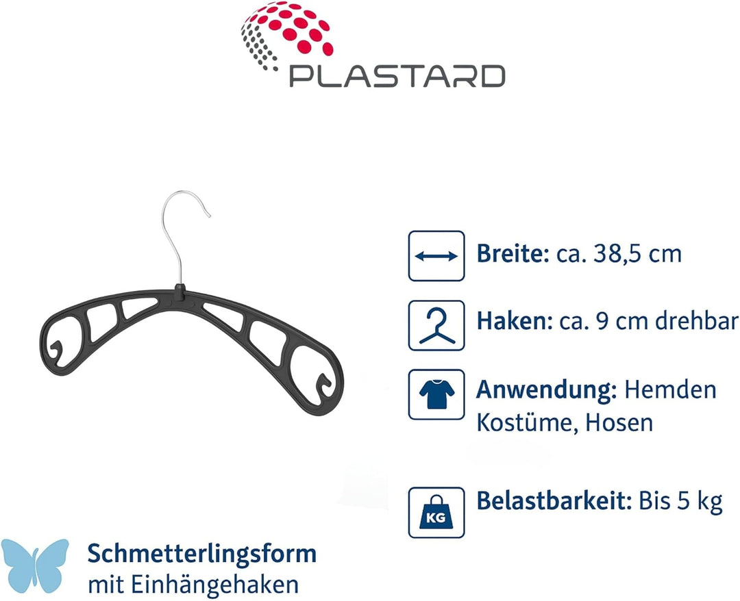 Plastard Kleiderbügel S38 aus Kunststoff 50 Stück, 38cm lang, 360° drehbarer Metallhaken. schmale 0,