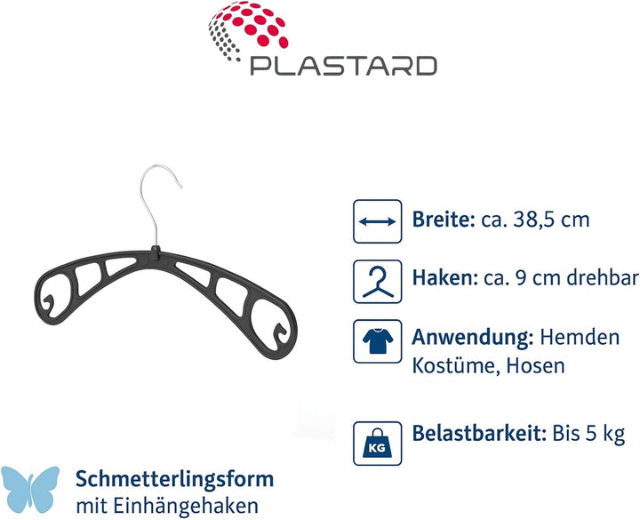 Plastard Kleiderbügel S38 aus Kunststoff 50 Stück, 38cm lang, 360° drehbarer Metallhaken. schmale 0,