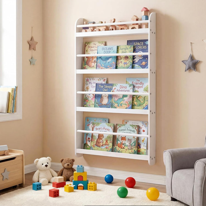 COSTWAY Bücherregal für Kinder, Kinderregal mit 4 Ablagen, Wandregal aus Holz für Spielzeug & Bücher