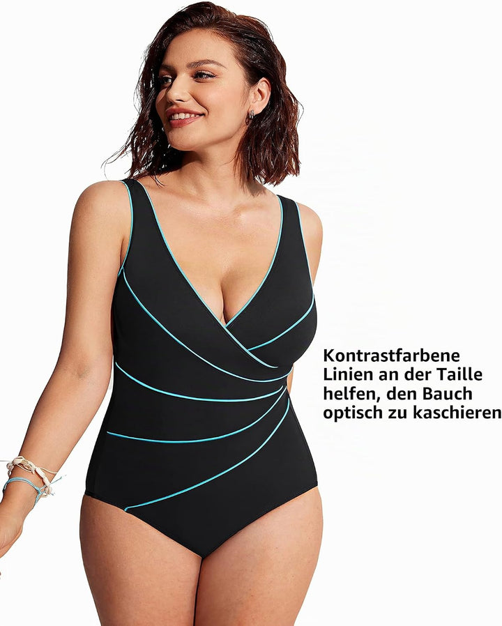 DELIMIRA Damen Badeanzug Bauchweg Grosse Grössen V Ausschnitt Gepolsterte Einteiler Bademode, 38 Meh