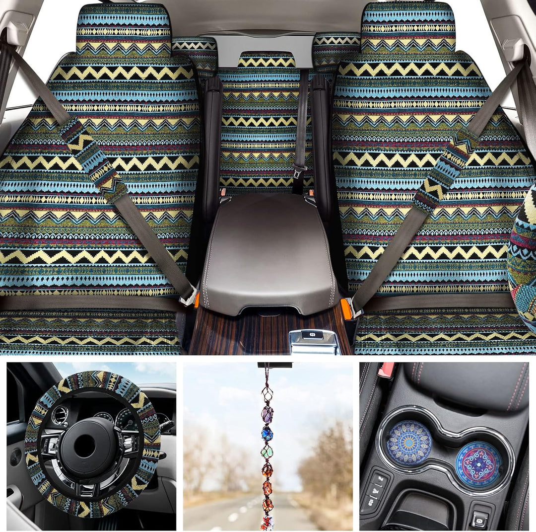 Frienda Baja Autositzbezüge, komplettes Set, Mehrfarbig, gestreift, Boho-Druck, Lenkradbezug, Sicher