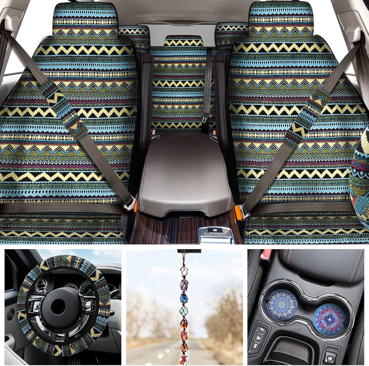 Frienda Baja Autositzbezüge, komplettes Set, Mehrfarbig, gestreift, Boho-Druck, Lenkradbezug, Sicher