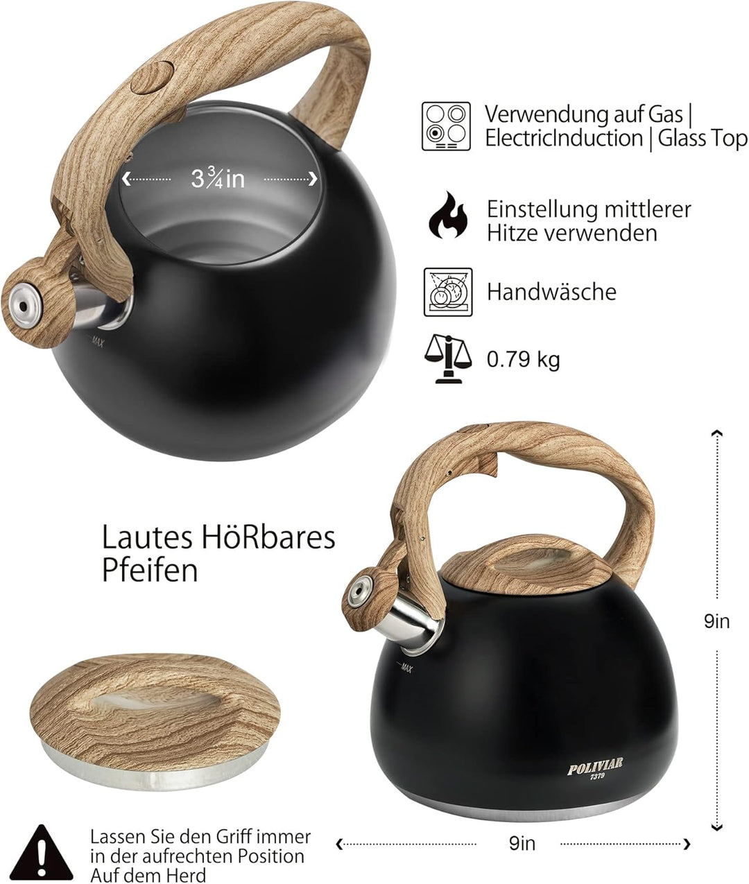 Poliviar Moderne Wasserkessel Induktion Pfeifkessel aus Edelstahl, Teekessel für alle Kochplatten, F