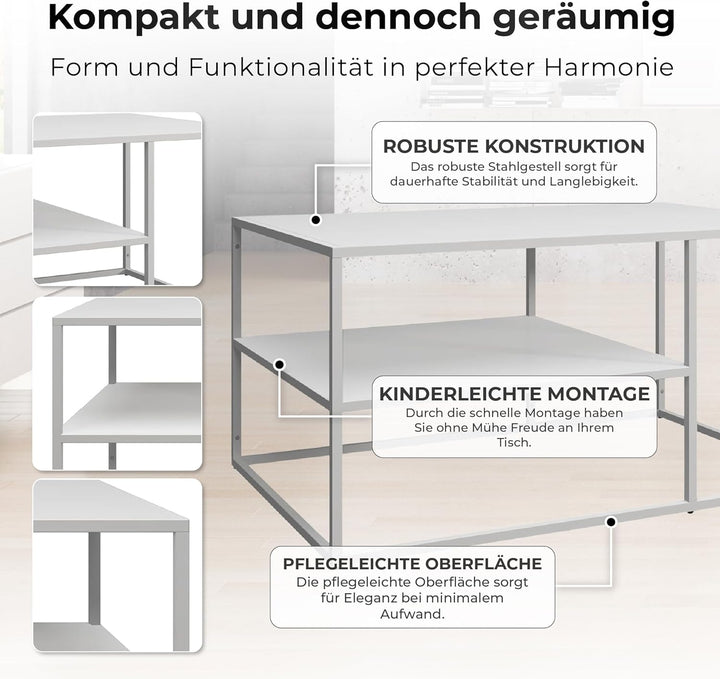 [en.casa] Couchtisch Solund Beistelltisch Metall Weiss Wohnzimmertisch mit Stauraum 90 x 60 x 45 cm