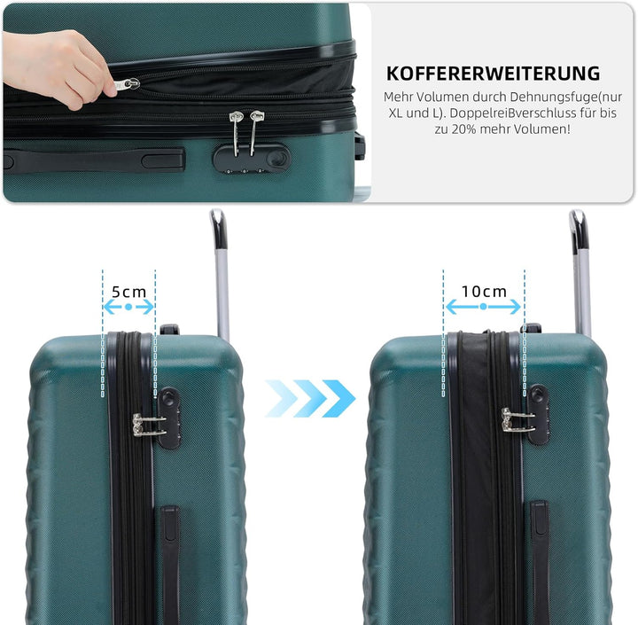 BEIBYE Zwillingsrollen 2066 Hartschale Trolley Koffer Reisekoffer Gepäck M-L-XL-Set (Dunkelgreen, L)
