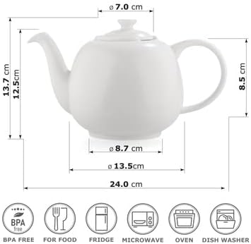 Teekanne Swansea Weiss 1,1 L Porzellan Teekanne für Teebeutel, tropffrei, Teapot Englisch grosse Por