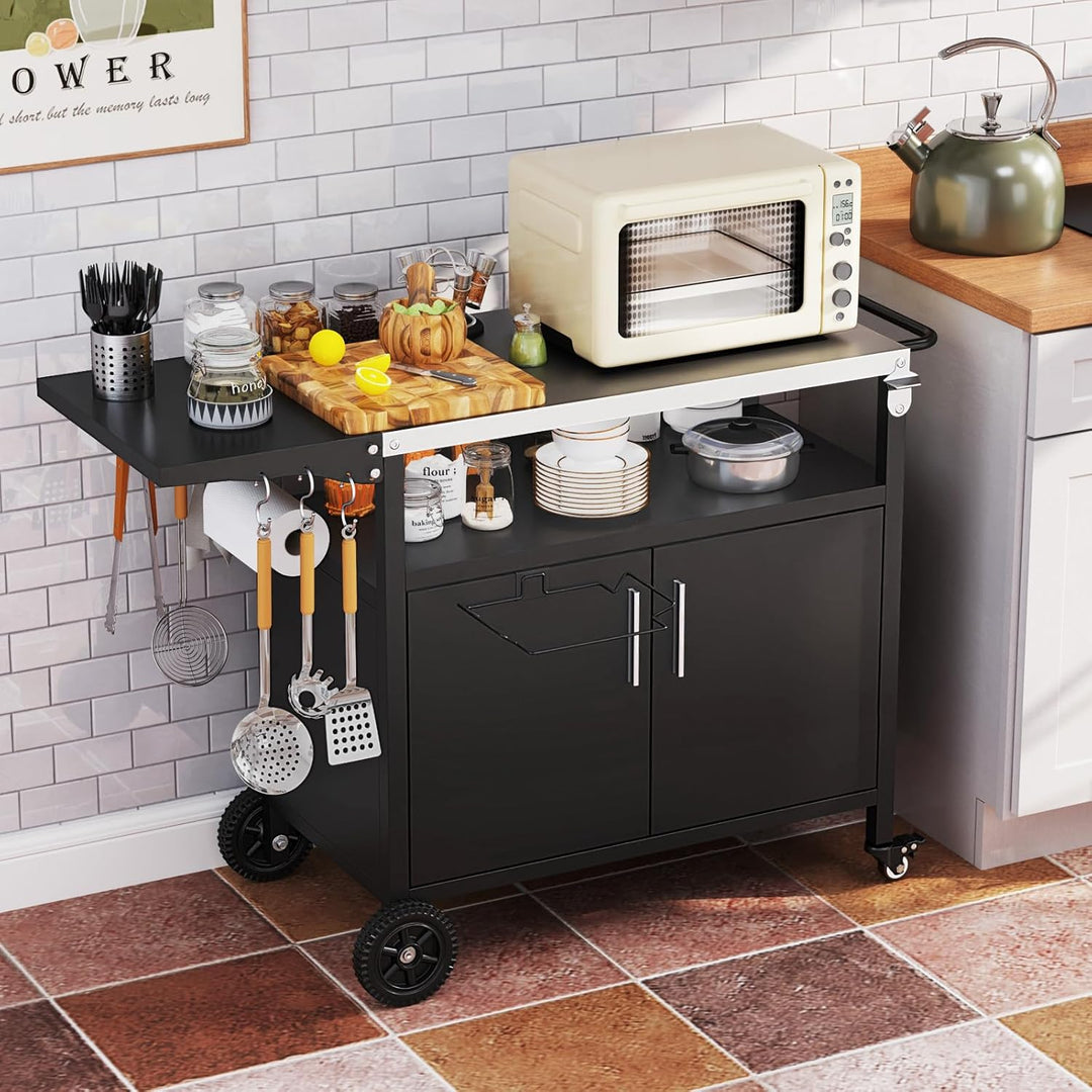 COSTWAY Grillwagen Outdoor, Grilltisch mit Edelstahlplatte, klappbarem Seitentisch, Schrank, 6 Haken