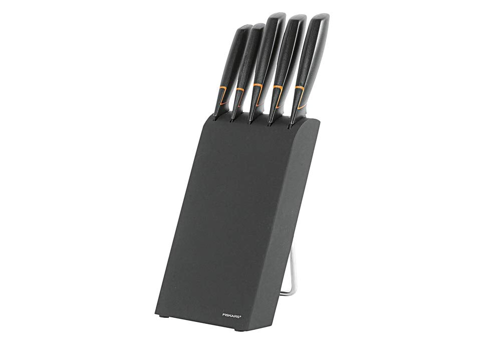 Fiskars Design-Messerblock mit 5 Messern, Breite: 15,5 cm, Höhe: 37 cm, Birkenholz, Schwarz, Edge, 1