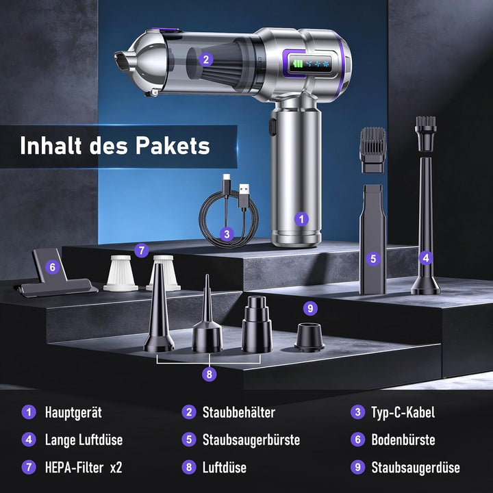 Handstaubsauger Akku,28KPa Mini Kabellos Auto Staubsauger mit LCD Display Silbern, Silbern
