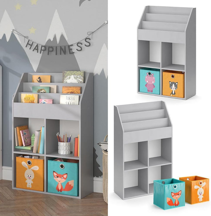 Vicco Kinderregal Grau Luigi mit 2 Faltboxen - 72x114x31 cm aus Spanplatte - Bücherregal ideal fürs