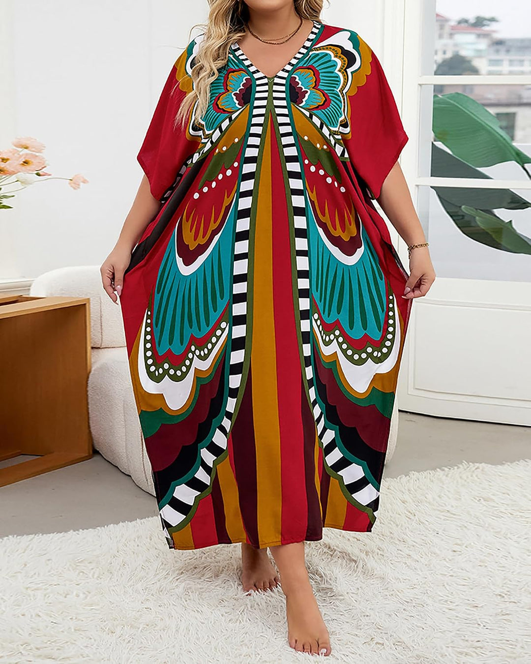 Bsubseach Lose Kaftan Kleider für Frauen Kurzarm Badeanzug Cover Up Casual Urlaub Outfits Rot Schmet