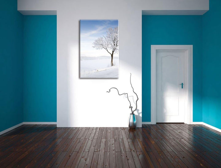 Pixxprint Baum im Schnee, Format: 100x70 auf Leinwand, XXL riesige Bilder fertig gerahmt mit Keilrah