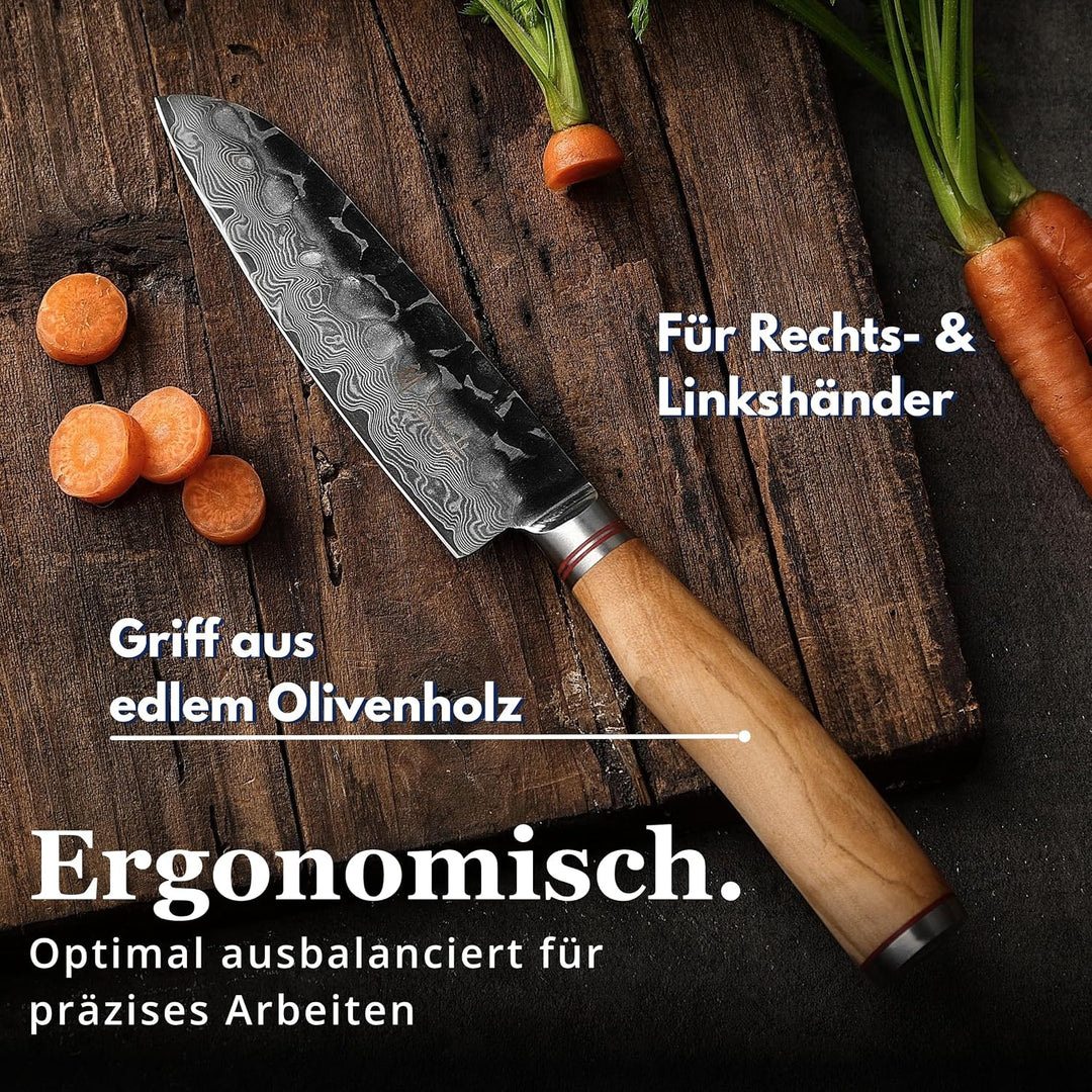 Wakoli Olive HS Serie Damastmesser kleines Santokumesser 13cm Klinge extrem scharf aus 67 Lagen I Da