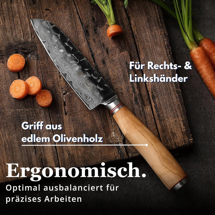 Wakoli Olive HS Serie Damastmesser kleines Santokumesser 13cm Klinge extrem scharf aus 67 Lagen I Da