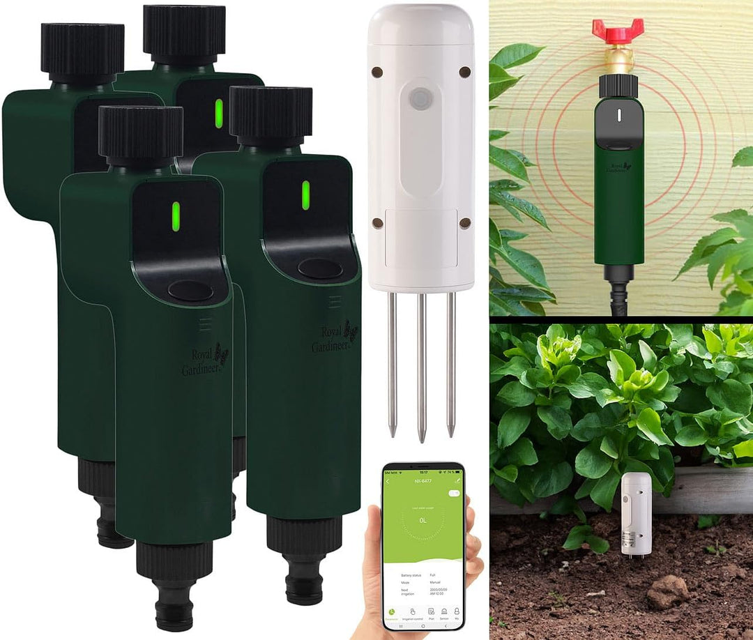 Luminea Home Control ZigBee-Bodentester: 4X ZigBee-Bewässerungscomputer + 1x Boden-Feuchte- & Temper