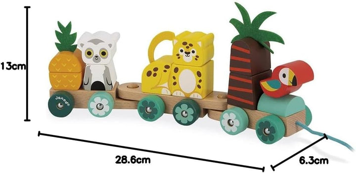 Janod - Tropischer Nachziehzug Tropik - Nachziehspielzeug aus Holz - 11 Teile + 3 Waggons - Lernspie