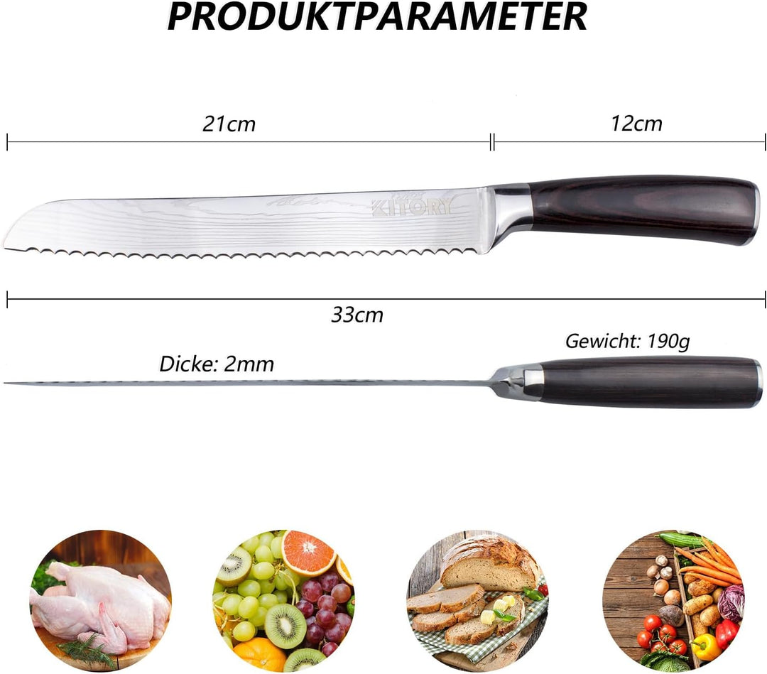 Kitory Brotmesser mit Wellenschliff Klingenlänge 20 cm, Profi Brotmesser mit Klingenschutz, Deutsch
