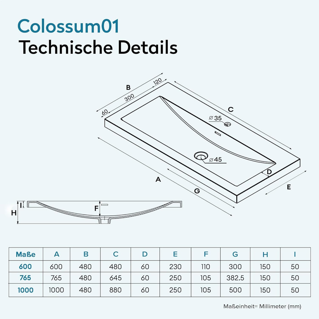 Design Waschbecken Colossum01, Matt Anthrazit aus Gussmarmor, Waschtisch, Waschplatz, Einbauwaschbec