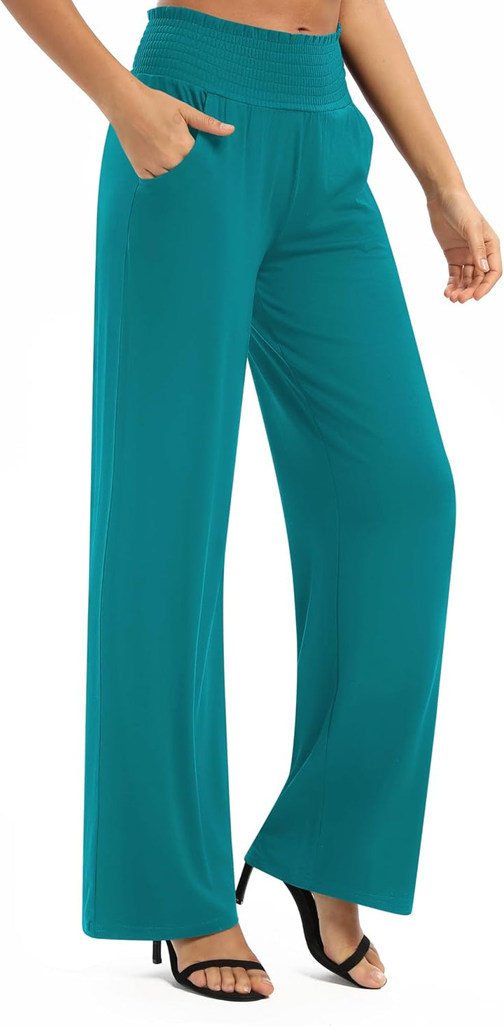 EXCHIC Damen Leichtgewicht Elastisch Hohe Taille Hose Casual Weite Bein Dehnbar Lounge Hosen mit Tas