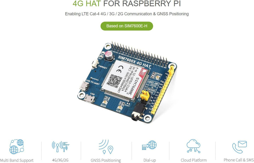 Waveshare 4G/3G/2G/GSM/GPRS/GNSS Hat for Raspberry Pi 4 Jetson Nano Based on SIM7600E-H Supports LTE