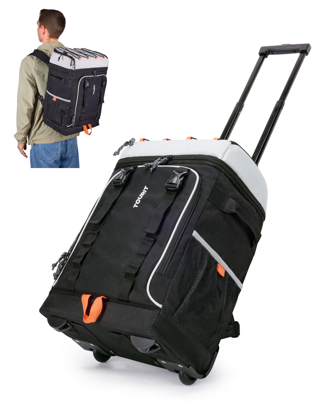TOURIT Kühlrucksack mit Rollen für 50 Dosen, doppelter Boden und Doppelgriff, tragbare Kühltasche mi