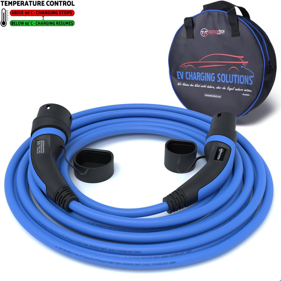 TEUTSCHTECH Typ 2 Ladekabel für Elektroauto | 10 m | Typ 2 auf Typ 2 | 11kW | 3x16A | 3-phasig | Mod