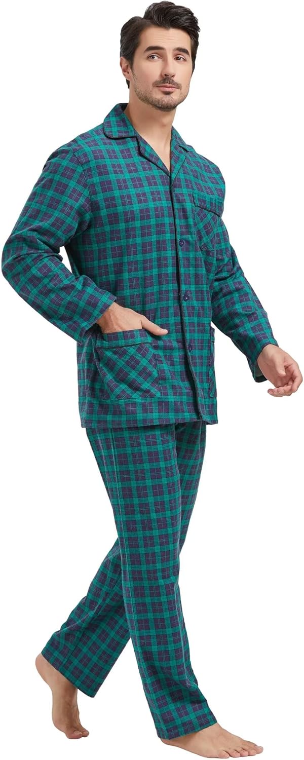 Amaxer Flanell Schlafanzug Herren 100% Baumwolle Pyjama mit Knopfleiste Set Lang Warmer Winter Schla