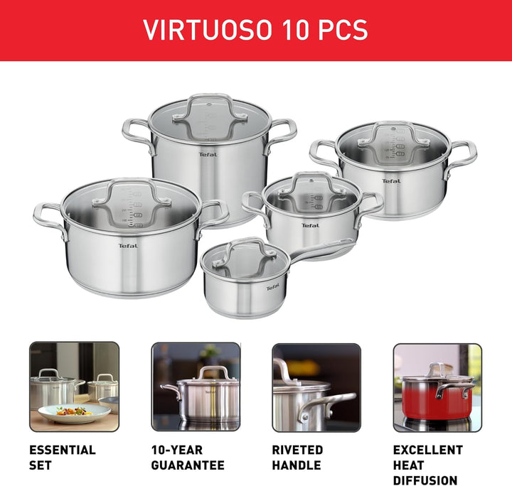 Tefal Virtuoso E492SA25 Kochgeschirr-Set, Edelstahl, Induktion, unbeschichtet, 5-teilig