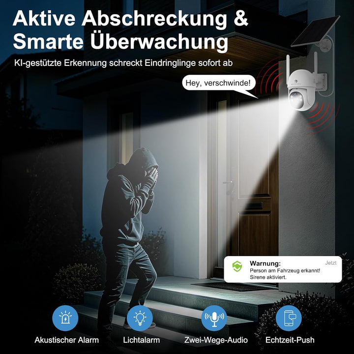 2K Kabellose Überwachungskamera Aussen Solar WLAN, Auto-Tracking, WiFi 6 | 2,4/5 GHz, PTZ 265°, PIR-