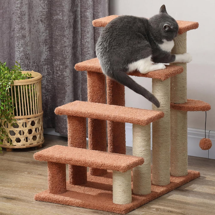 PawHut Katzentreppe 4 Stufen Tiertreppe Treppe für Katze mit Kratzsäulen Ball Haustiertreppe Hundetr