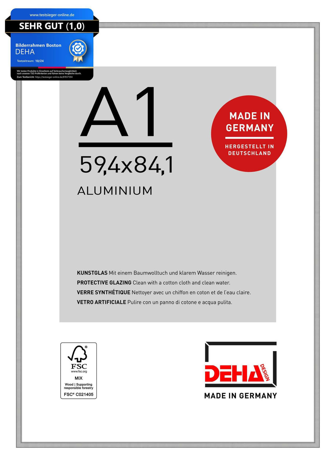 DEHA Design Bilderrahmen Boston, A1 59,4x84,1 cm, Aluminium Silber Matt, bruchsicheres Acrylglas, fü