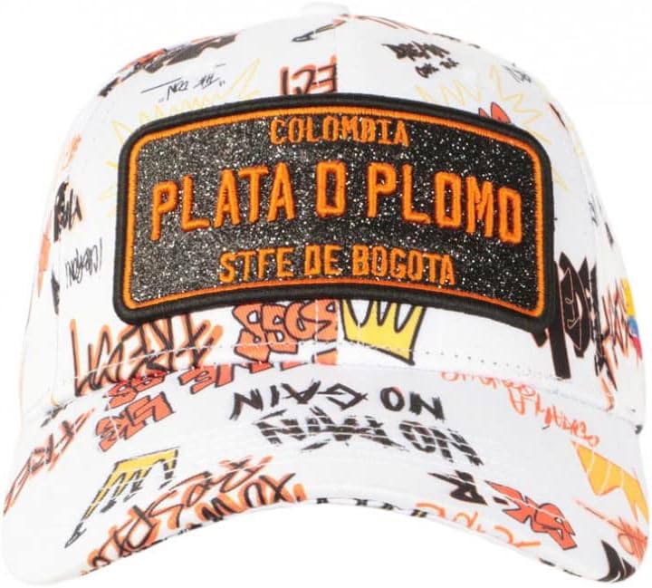 Plata o Plomo Cap Weiss und Orange Strass Streetwear Power Colombia Baseball Unisex, weiss, Einheits
