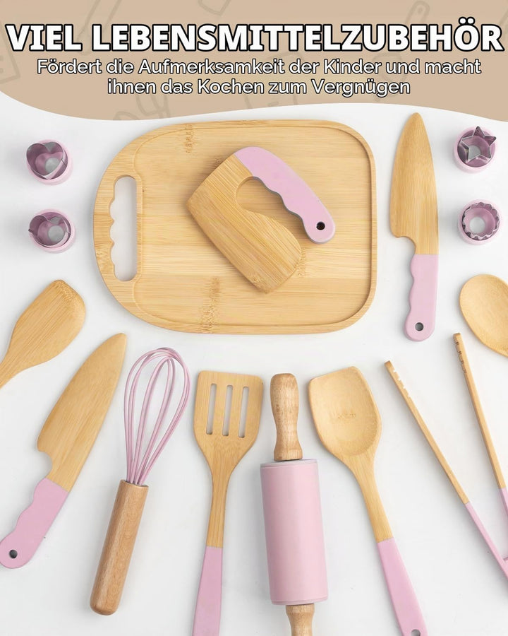 Kindermesser Set – 29-teilig mit sicherem Kiddikutter, Holzmesser Schneidebrett – Montessori Küchens