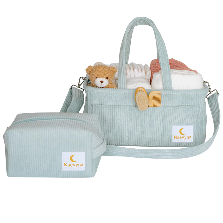 Wickeltasche Organizer Set 2 in 1 aus Cord mit Schultergurt und kleine Windeltasche – Wickelkorb und