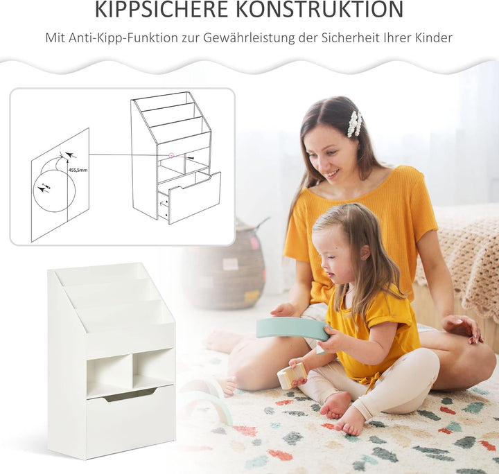 HOMCOM Kinder Bücherregal Kinderregal mit Schublade, 3 Ablagefächern und 2 offenen Fächern, Aufbewah