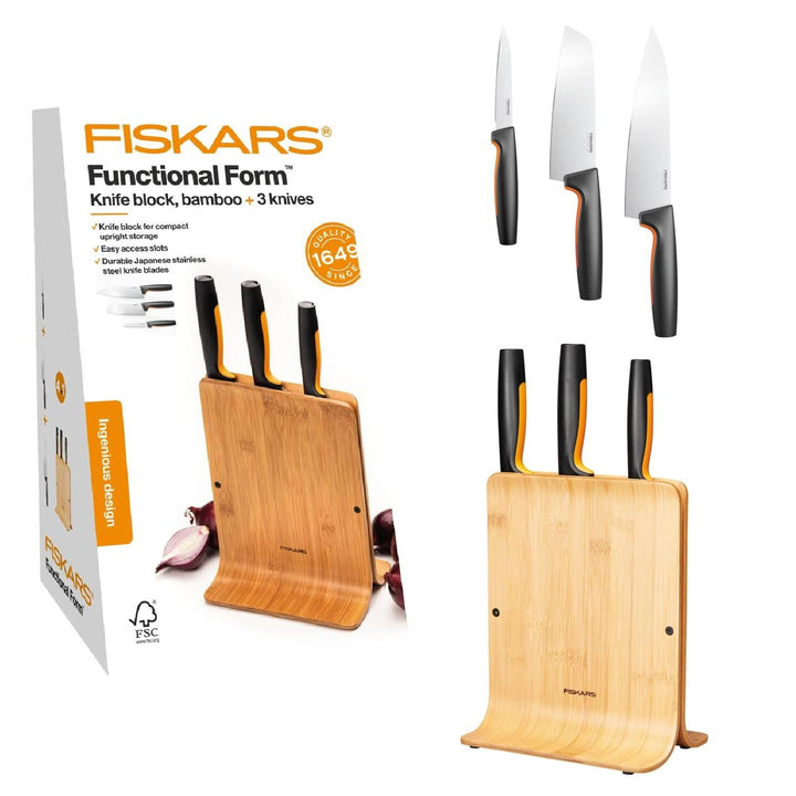 Fiskars Bambus Design-Messerblock mit 3 Messern, Functional Form, Inklusive Gemüsemesser, Santoku Ko