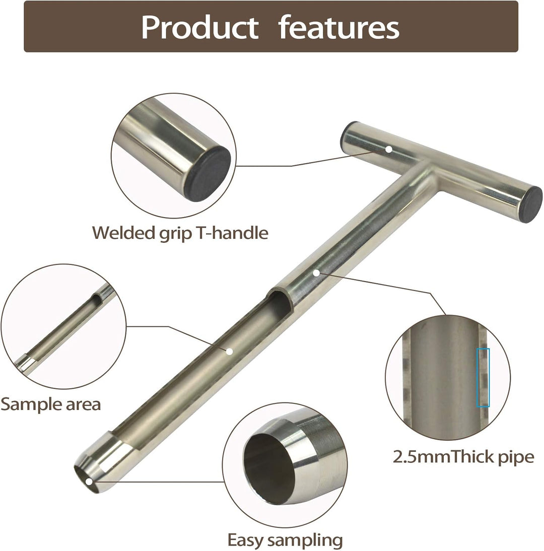 SurmountWay Bodenprobe-Sonde, 30 cm, mit 2 wiederverwendbaren Probenbeuteln, Edelstahl, T-Griff, Bod