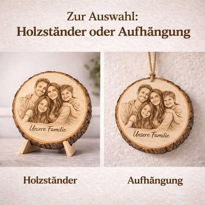 Personalisierte Holzscheibe mit Foto und Wunschtext - 20-23 cm - gravierte Baumscheibe aus Erlenholz