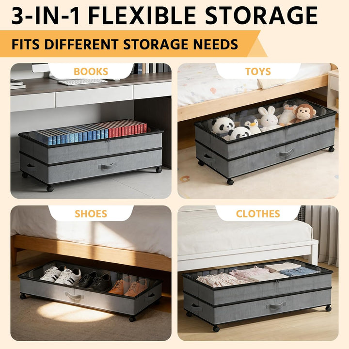 JAOGAUS Unterbett-Aufbewahrungsboxen auf Rollen, 2er-Set 75L Unterbett-Organizer mit Deckel, Höhenve